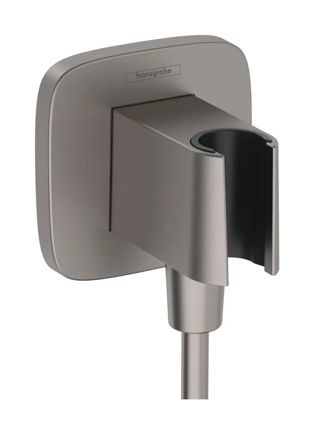 Wandanschluss mit Halter für Brause in gebürstetem Schwarz-Chrom von Hansgrohe. Rechteckige Rückplatte mit einem halbrunden Ausschnitt für den Schlauch.